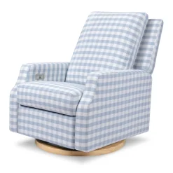 Crewe Electronic Recliner and Swivel Glider in Blue Gingham with Light Wood Base