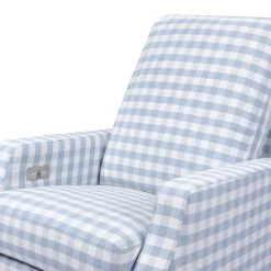 Crewe Electronic Recliner and Swivel Glider in Blue Gingham with Light Wood Base