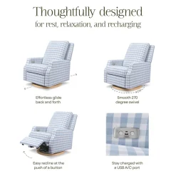 Crewe Electronic Recliner and Swivel Glider in Blue Gingham with Light Wood Base