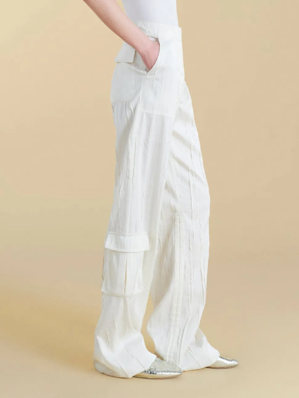 Crinkled Satin Cargo Trouser in Ivory