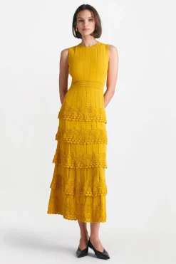 Crochet Ruffle Knit Sleeveless Piper Dress in Mustard