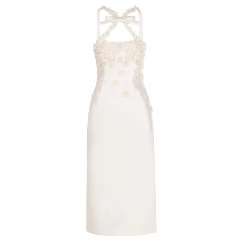 Delphine Dress in Ivory Silk Wool with Floral Appliqué