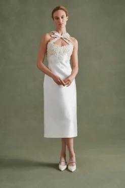Delphine Dress in Ivory Silk Wool with Floral Appliqué