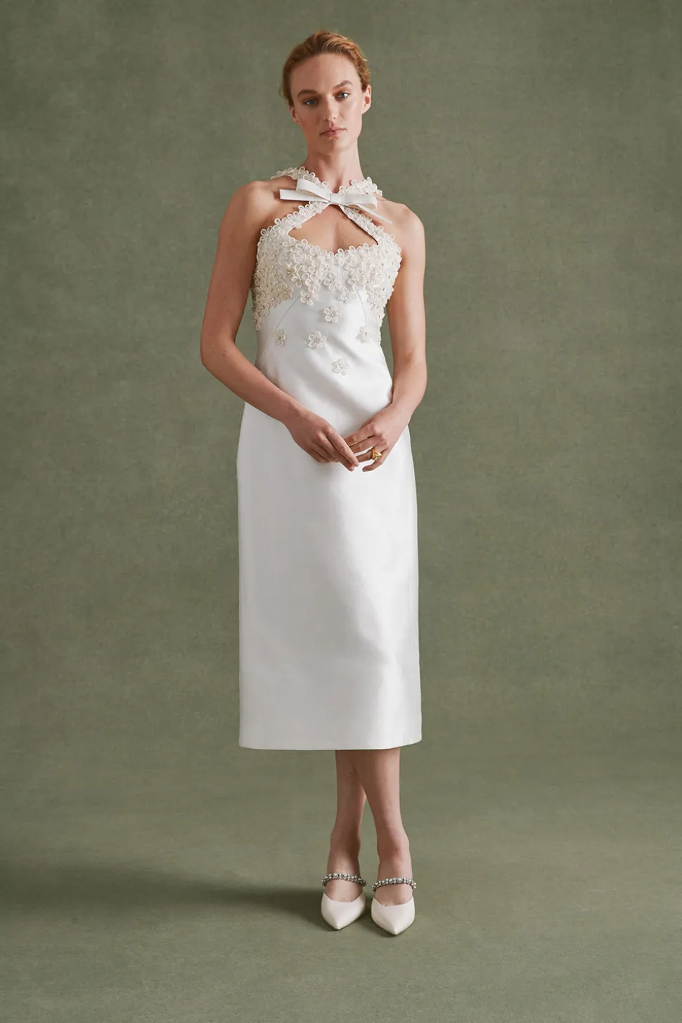 Delphine Dress in Ivory Silk Wool with Floral Appliqué
