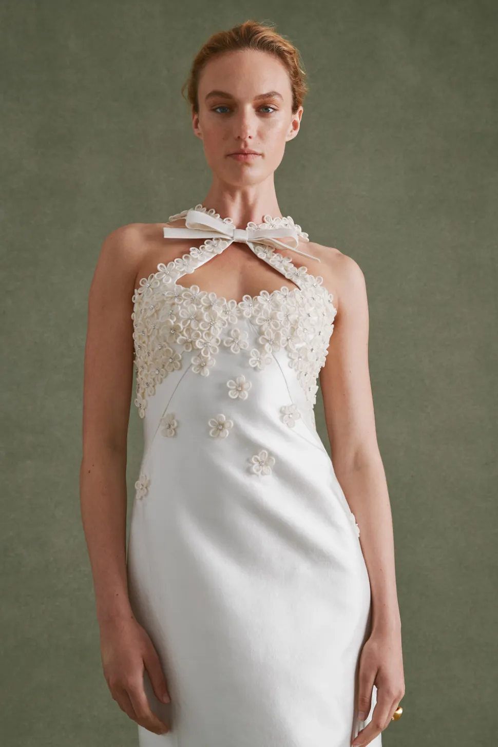 Delphine Dress in Ivory Silk Wool with Floral Appliqué
