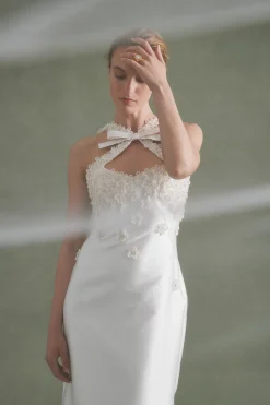 Delphine Dress in Ivory Silk Wool with Floral Appliqué