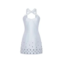 Devi Dress in Ice Blue Silk Wool with Crystal Clusters