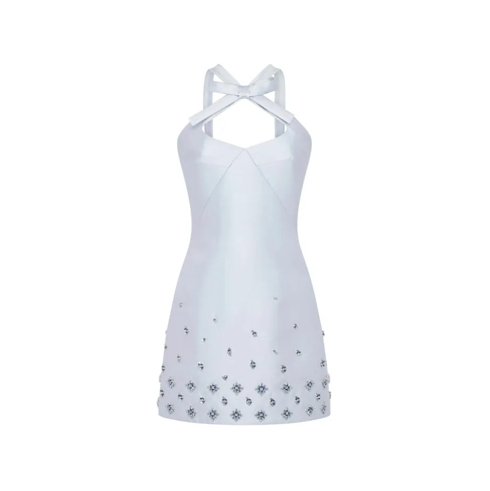 Devi Dress in Ice Blue Silk Wool with Crystal Clusters