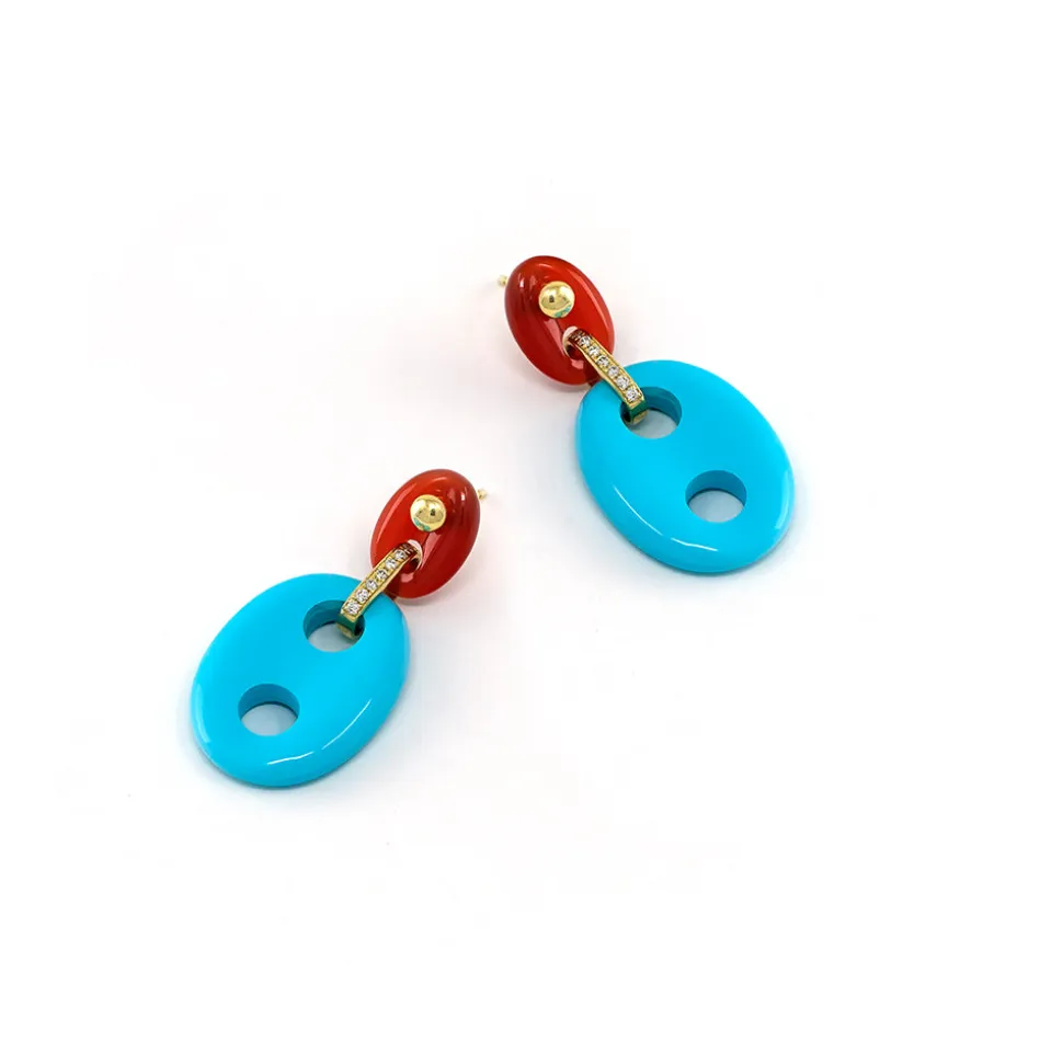 Diamond & Stone Mariner Link Earrings in Turquoise & Carnelian