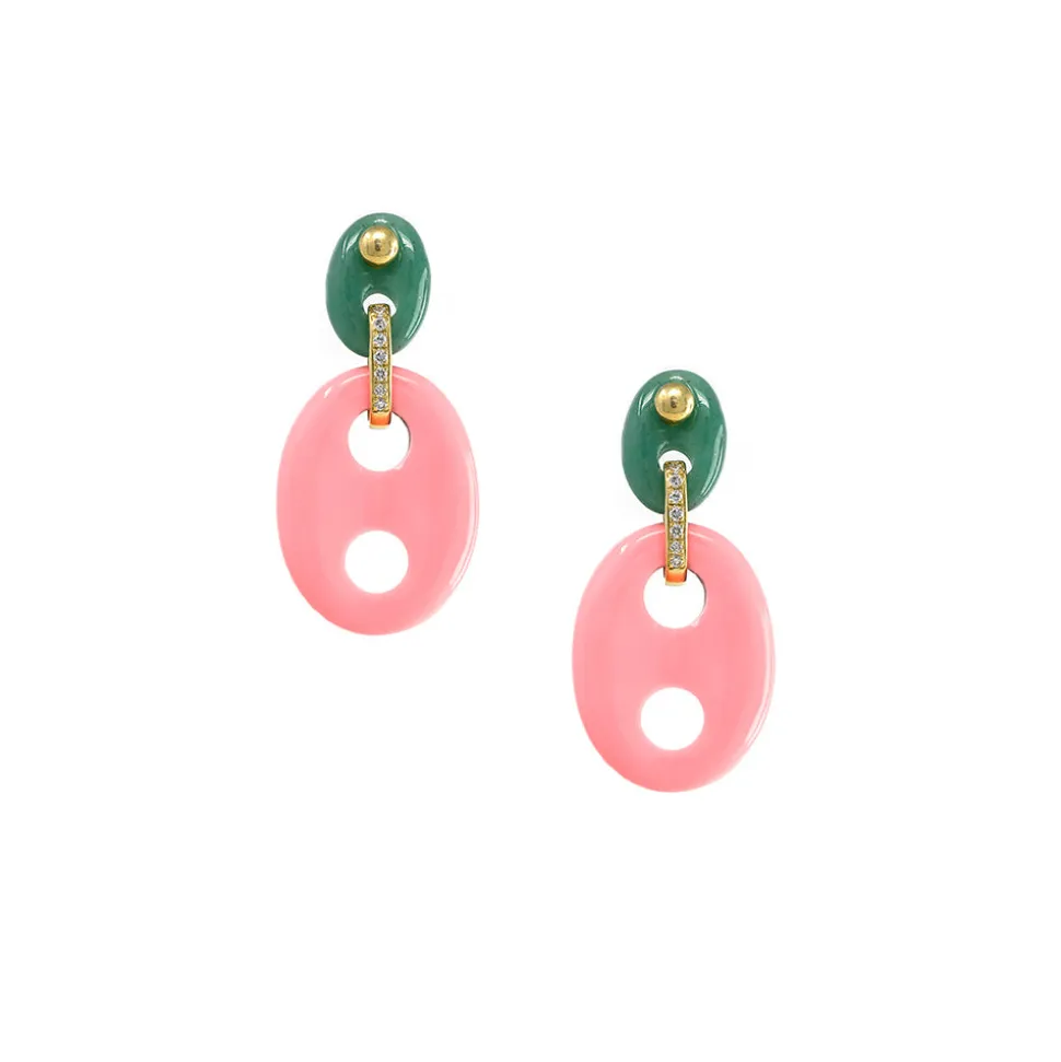 Diamond & Stone Mariner Link Earrings in Coral & Chalcedony