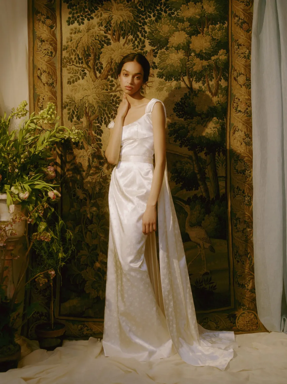 Ditsy Floral Gown With Shoulder Strap Trains