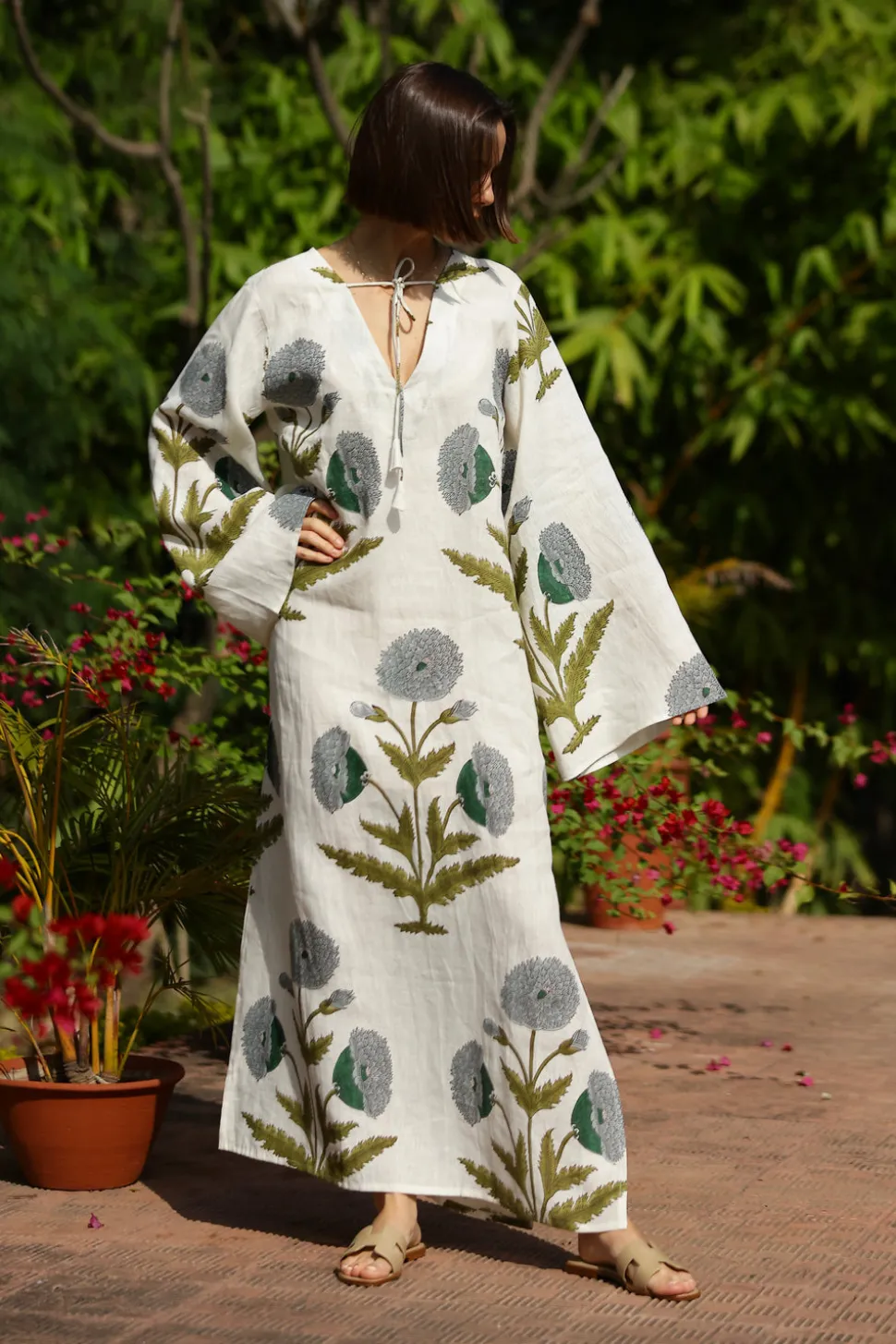 Doha Caftan in Blue & Green Flower