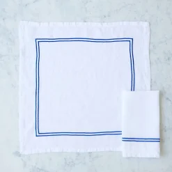Double Piped Linen Napkins in White, Set of Four