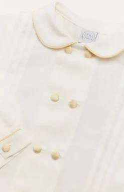 Double-Breasted Peter Pan Collar Long Sleeve Shirt with Beige Silk Piping