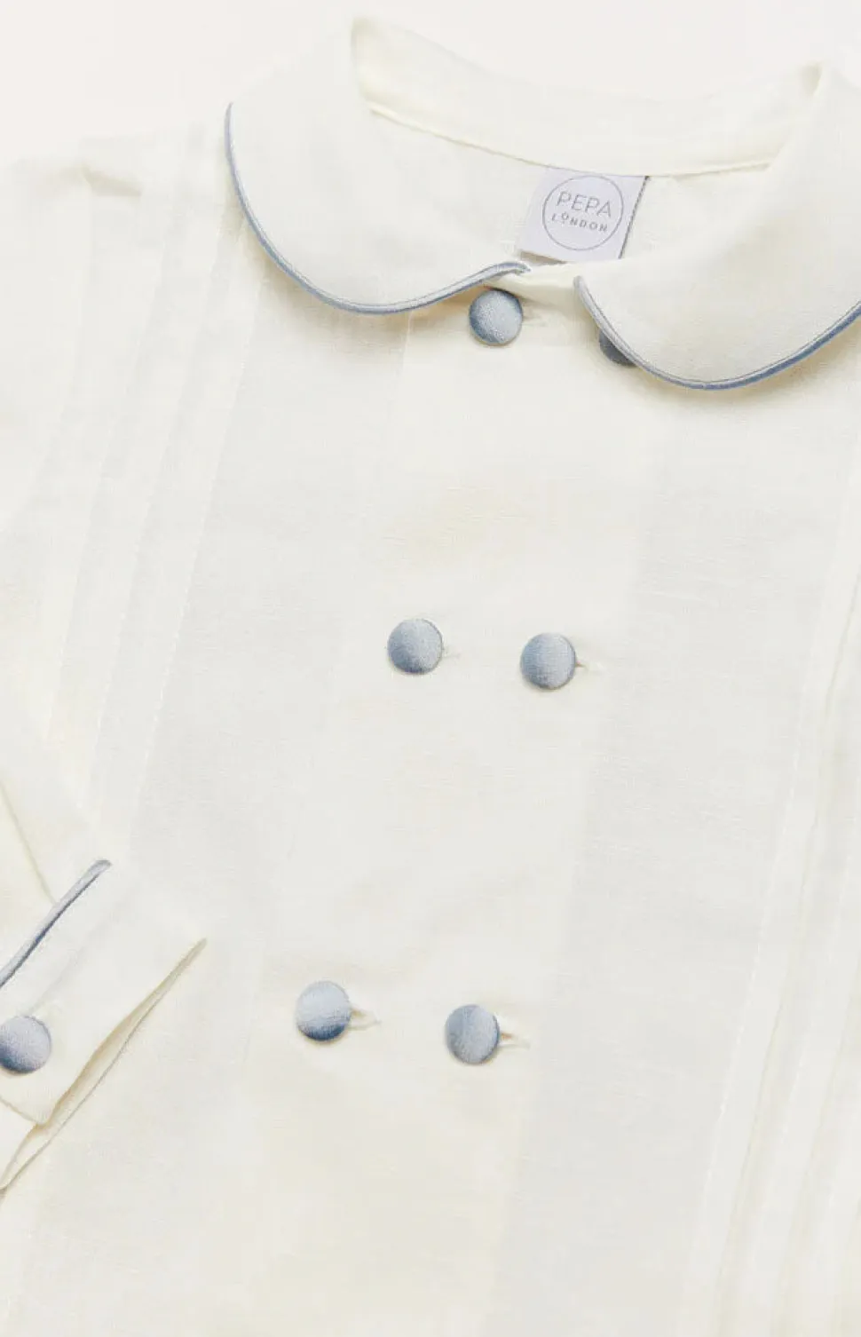 Double-Breasted Peter Pan Collar Long Sleeve Shirt with Blue Silk Piping