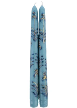 Dusty Blue Chrysanthemum Hand Painted Taper Candles Set of Two