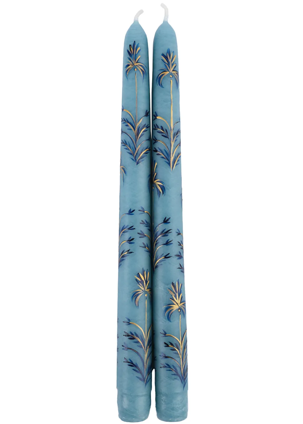 Dusty Blue Chrysanthemum Hand Painted Taper Candles Set of Two