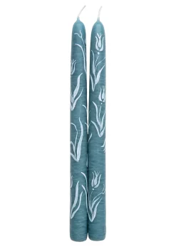 Dusty Blue Tulip Hand-Painted Taper Candles, Set of Two