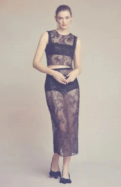 Effie Pencil Skirt in Black Organza with Ribbon Embroidery