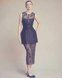 Effie Pencil Skirt in Black Organza with Ribbon Embroidery