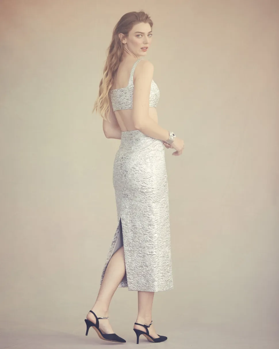 Effie Pencil Skirt in Silver Brocade