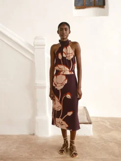 El Carmen Crepe Chine Midi Skirt in Purple Gladiolos