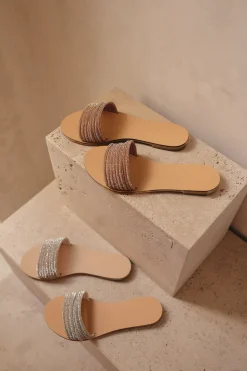 Eleni Vegetable Tanned Leather Sandal in Rose Gold Cystal