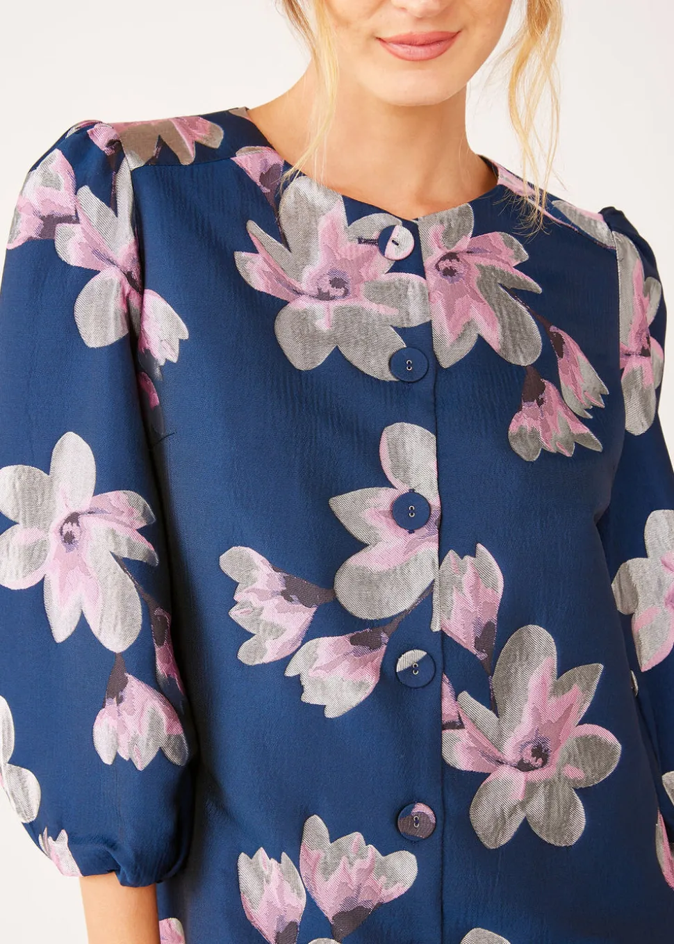 Ellen Dress Blue Plumeria Jacquard
