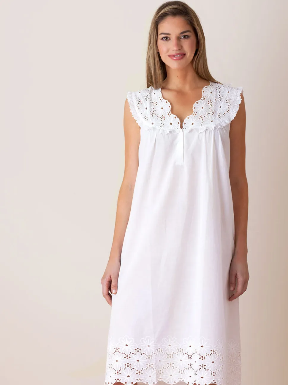 Eloise Nightgown with Eyelet Lace Bodice & Hem