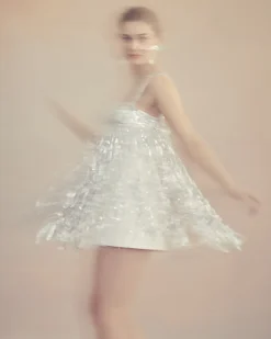 Elsa Dress in Ivory Silk Wool with Silver Fringe