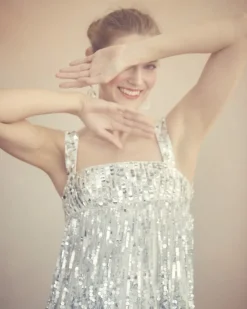 Elsa Dress in Ivory Silk Wool with Silver Fringe