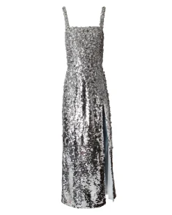 Embroidered Spaghetti Strap Sequin Midi Dress