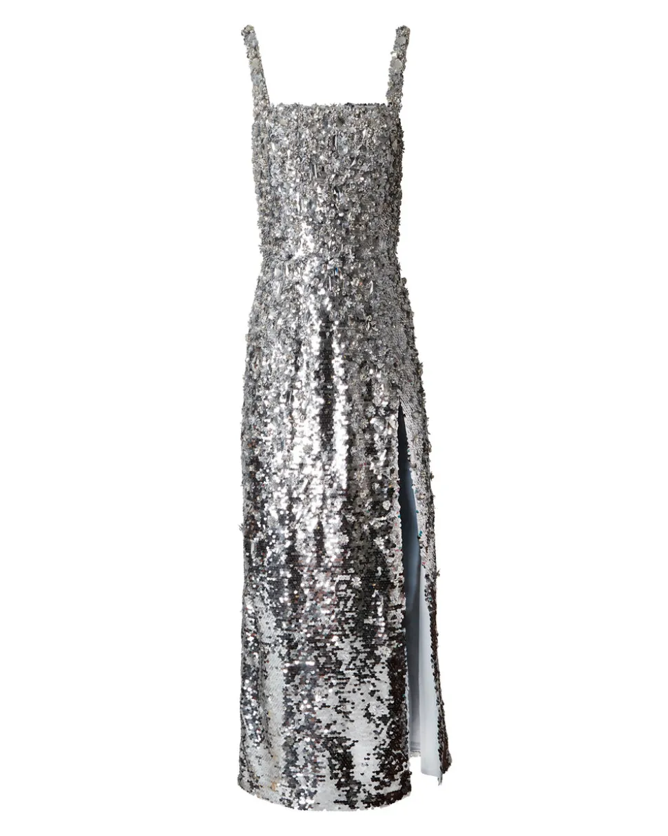 Embroidered Spaghetti Strap Sequin Midi Dress
