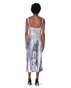 Embroidered Spaghetti Strap Sequin Midi Dress