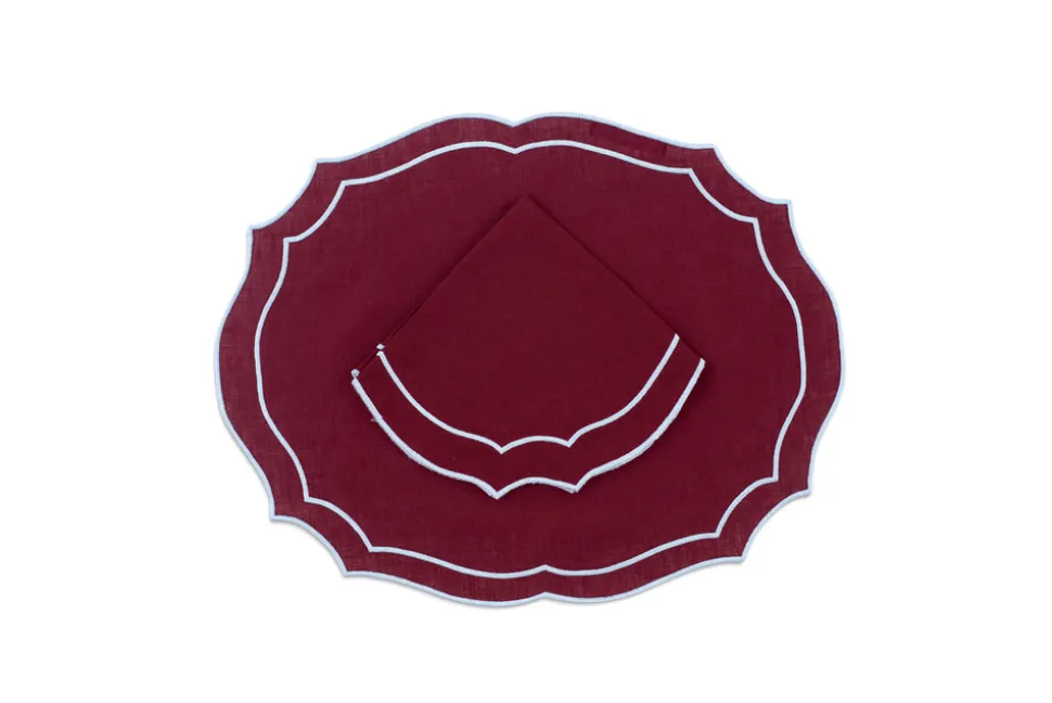 Emma Linen Napkin in Burgundy with Light Blue Embroidery