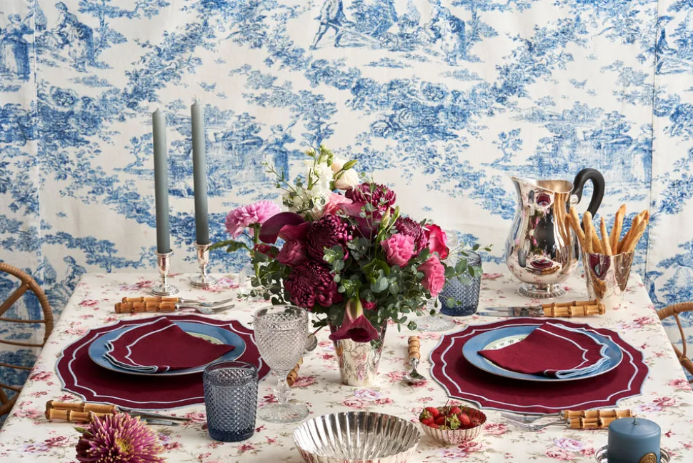 Emma Linen Napkin in Burgundy with Light Blue Embroidery