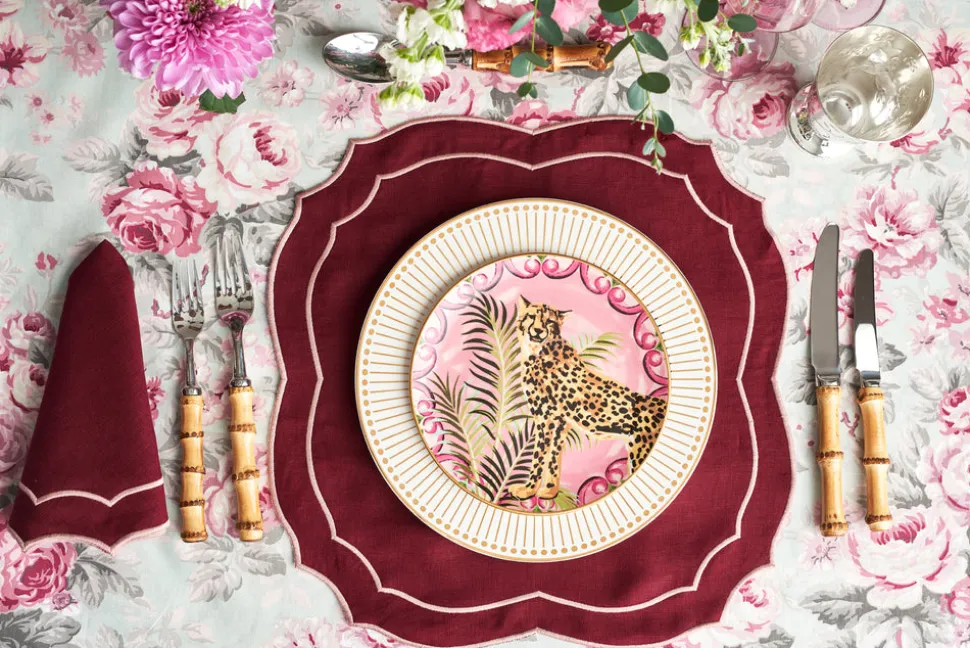 Emma Linen Napkin in Burgundy with Rose Embroidery