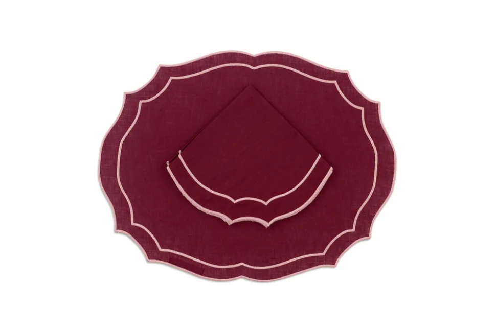 Emma Linen Napkin in Burgundy with Rose Embroidery