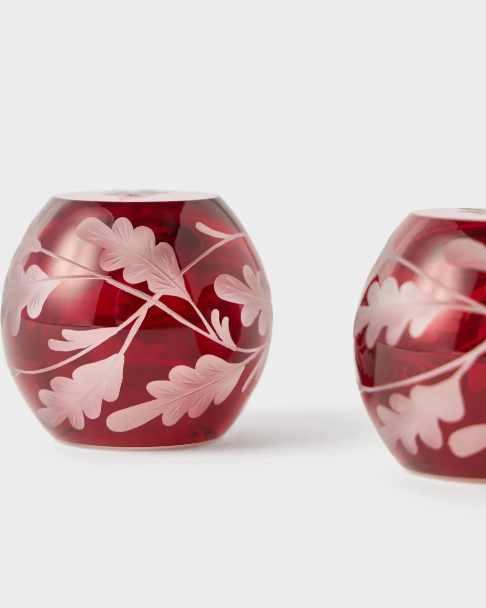 Engraved Oak Leaf Salt and Pepper Set in Burgundy