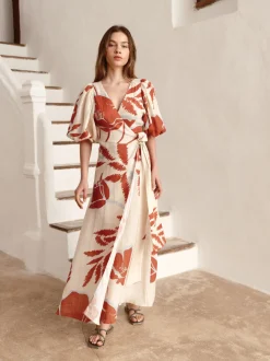 Ermita Linen Midi Dress in Ecru & Orange Gladiolos
