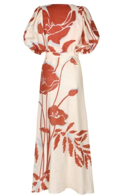 Ermita Linen Midi Dress in Ecru & Orange Gladiolos
