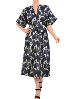 Evelyn Dress in Ivory and Navy Floral Silhouette Jacquard