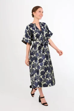 Evelyn Dress in Ivory and Navy Floral Silhouette Jacquard