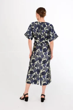 Evelyn Dress in Ivory and Navy Floral Silhouette Jacquard