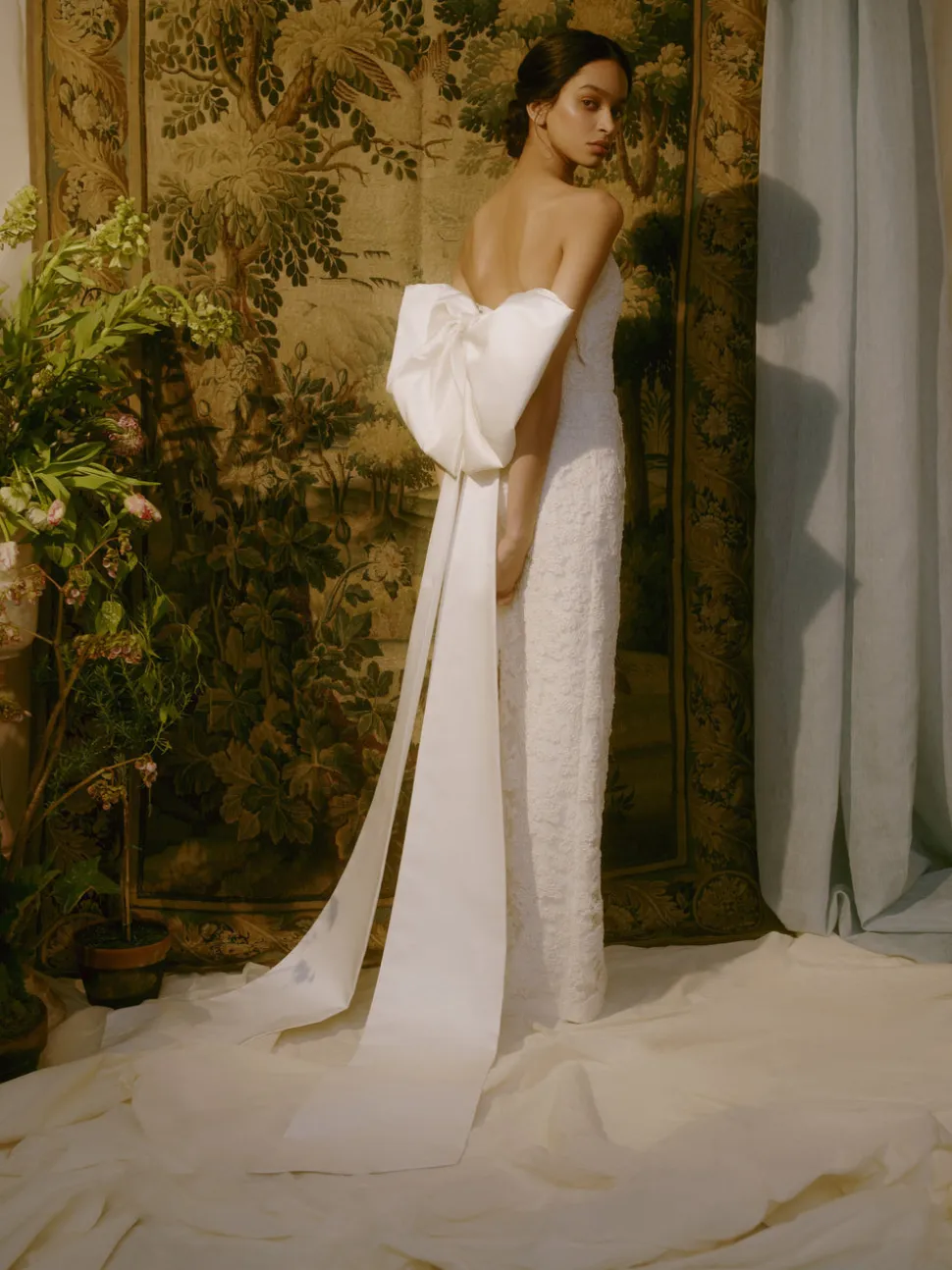 Evora Pearl Beaded Lace Gown with Large Detachable Bow