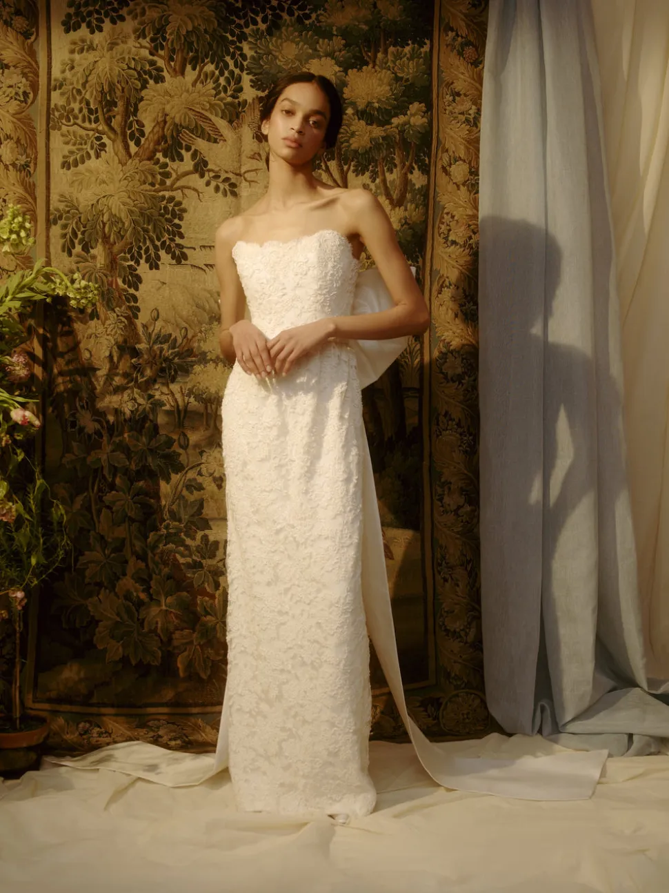 Evora Pearl Beaded Lace Gown with Large Detachable Bow