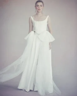 Felix Trouser in Ivory Silk Crepe with Chiffon Overlay