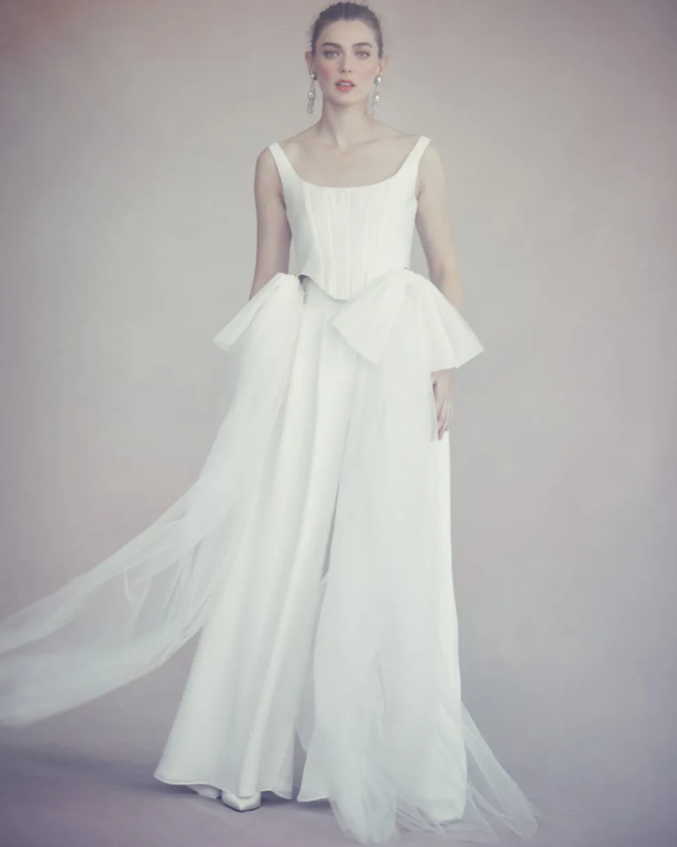 Felix Trouser in Ivory Silk Crepe with Chiffon Overlay
