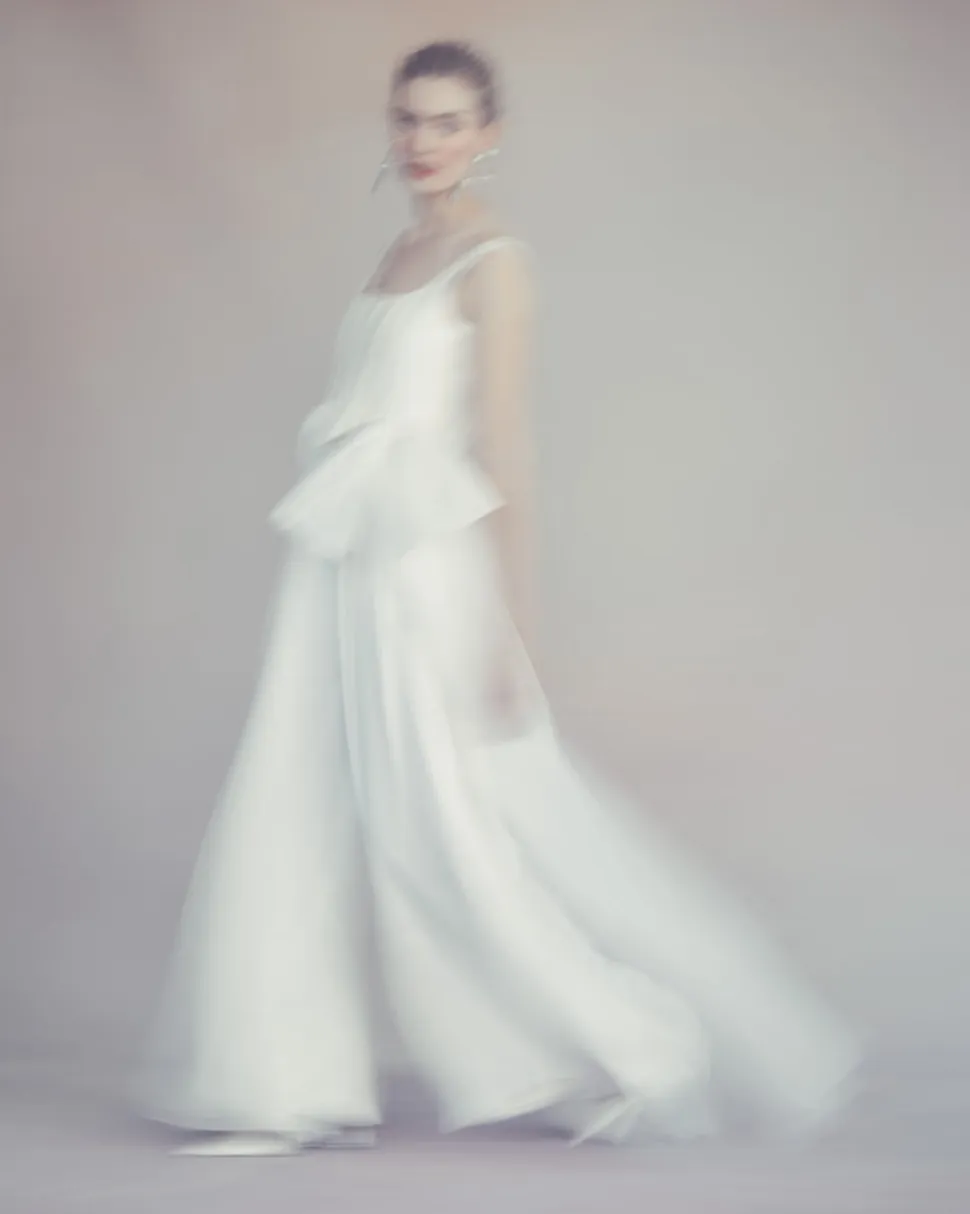 Felix Trouser in Ivory Silk Crepe with Chiffon Overlay