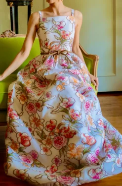 Fit and Flare Dirndl Skirt Embroidered Floral Organza Gown